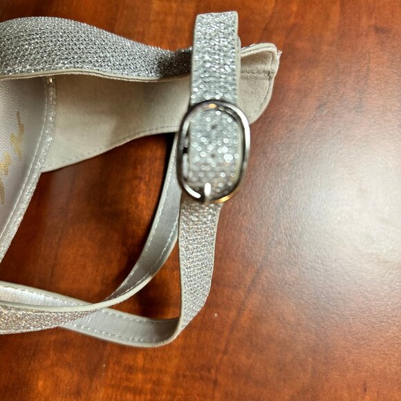 Women's Silver Glitter Ankle Strap Block Heel Sandals - Picture 7 of 8